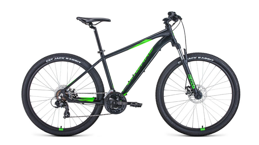 Велосипед FORWARD APACHE 27,5 2.0 disc (27,5" 21 ск. рост. 17") 2020-2021, черный матовый/ярко-зелен