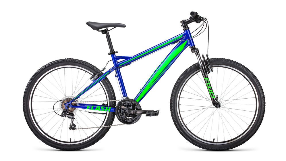 Велосипед FORWARD FLASH 26 1.0 (26" 21 ск. рост. 17") 2022, синий/ярко-зеленый, RBK22FW26652
