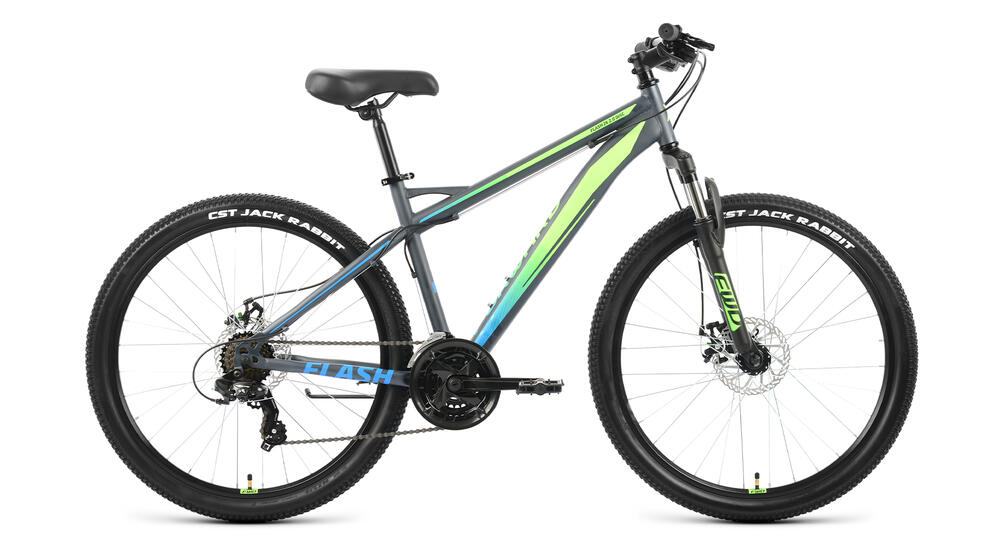 Велосипед FORWARD FLASH 26 2.0 D (26" 21 ск. рост. 19") 2022, серый матовый/ярко-зеленый, RBK22FW266