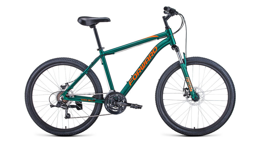 Велосипед FORWARD HARDI 26 2.1 disc (26" 21 ск. рост. 18") 2020-2021, зеленый матовый/оранжевый, RBK