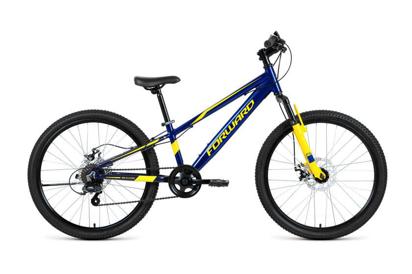 Велосипед FORWARD RISE 24 2.0 disc (24" 7 ск. рост 11") 2020-2021, темно-синий/желтый, RBKW1J347011